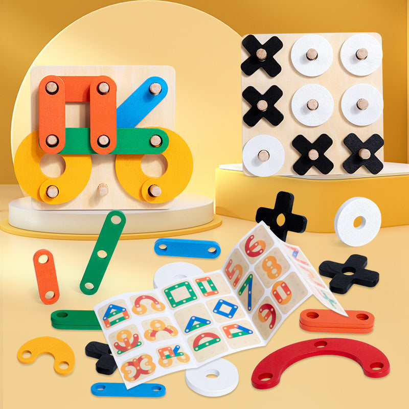 Wooden versatile puzzle board, well shaped chess, geometric assembly, puzzle and puzzle toy
